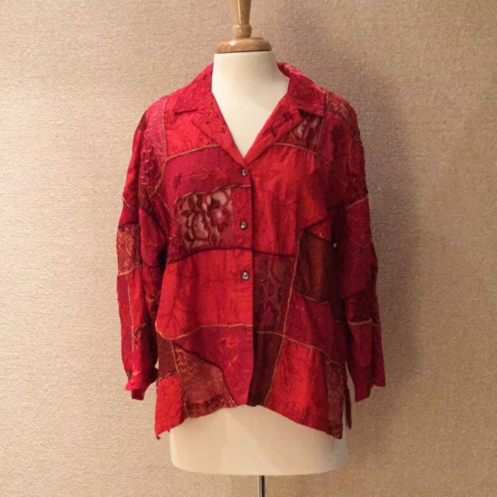 Chico's Silk Blend Patchwork Red Jacket SZ 2